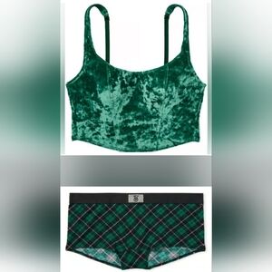 XXL/XXL VS PINK Velvet Corset Top Shine Patch Boyshort Panty Set Green Plaid